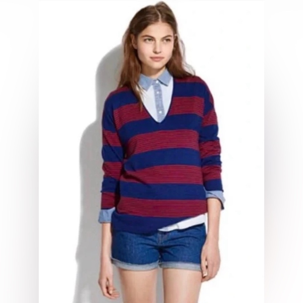 MADEWELL Deckhouse Striped Sweater Navy Blue Red Knit VNeck Wool Blends Nautical